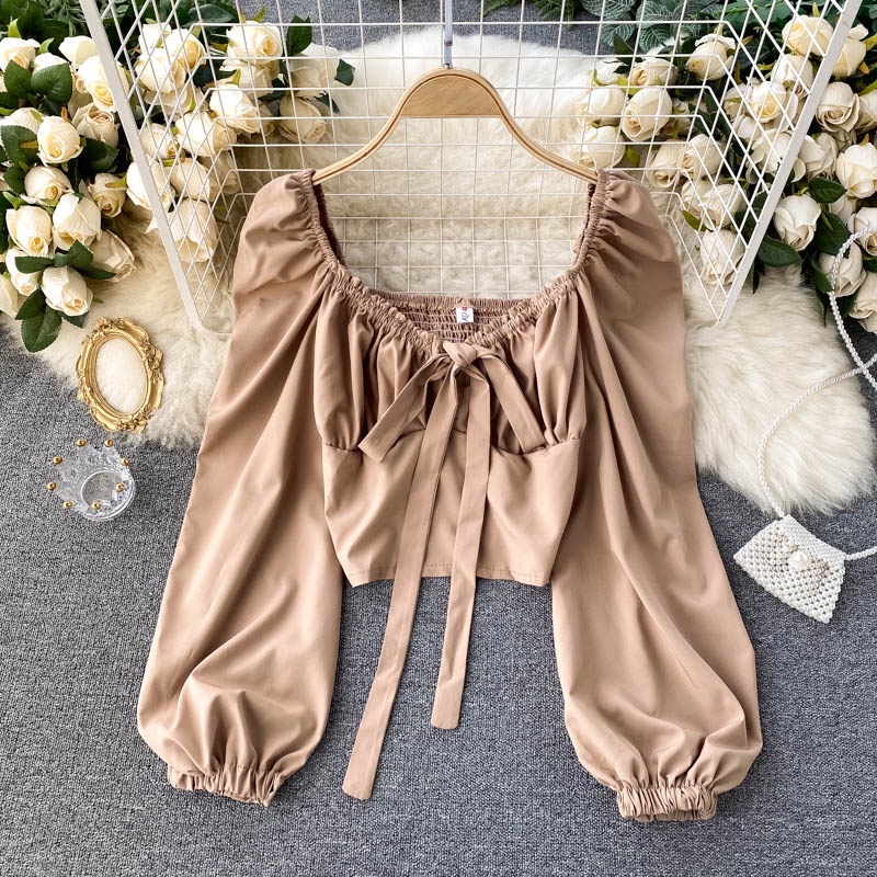 Phụ Nữ Thời Trang Hàn Quốc Tay Áo Phồng Áo Sơ Mi Cổ Chữ V