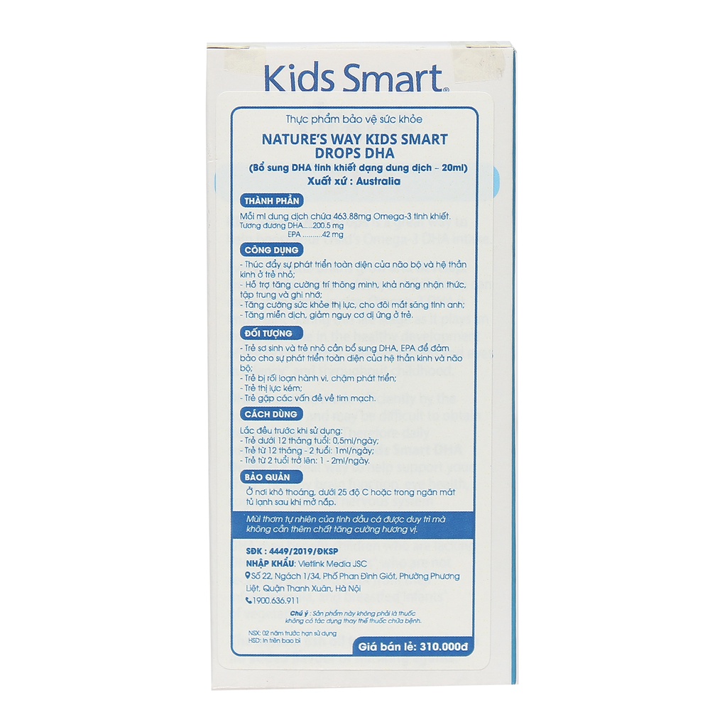 DHA dạng giọt Nature’s Way Kids Smart DHA Drops, Úc (20ml) tăng chỉ số IQ cho trẻ