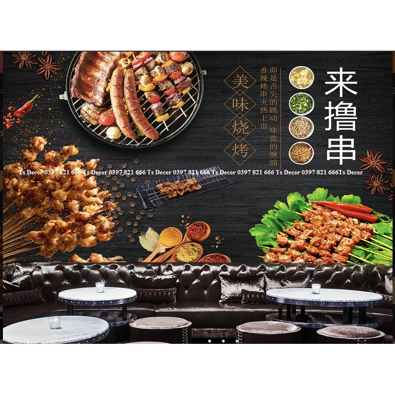 Tranh dán tường Quán Nướng Lẩu 3D