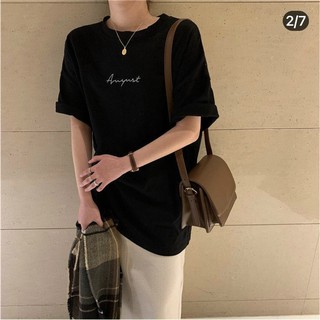 Áo phông rộng nữ thêu chữ august nhỏ nhí đơn giản