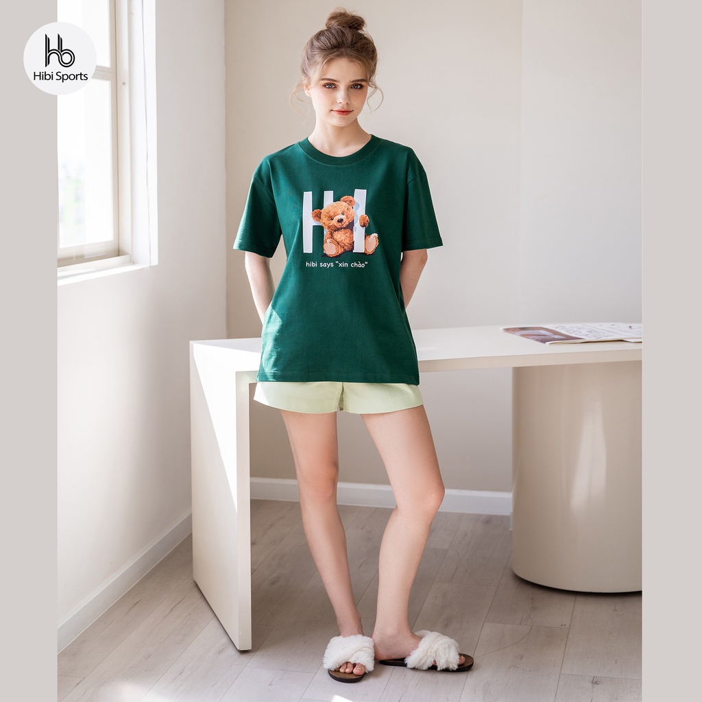 Áo thun tay lỡ Hibi Sports Teddy Bear SAY HI ST003 kiểu phông unisex nam nữ, vải cotton Premium, form oversize