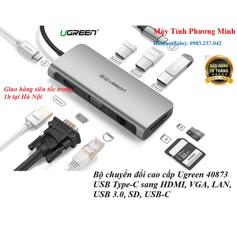 Bộ chuyển đổi USB Type-C sang HDMI, VGA, LAN, USB 3.0,đọc thẻ SD, USB-C cao cấp Ugreen 40873 - Hàng chính hãng