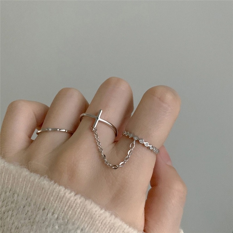 Nhẫn hở hai lớp mặt hình chữ thập phối dây xích đính đá thời trang dành cho bạn nữ