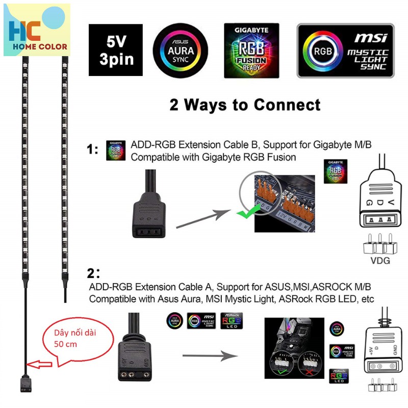 Dây led đồng bộ main 5V 3 pin ASUS Aura SYNC / MSI Mystic Sync / ASROCK Aura RGB / GIGABYTE RGB Fusion