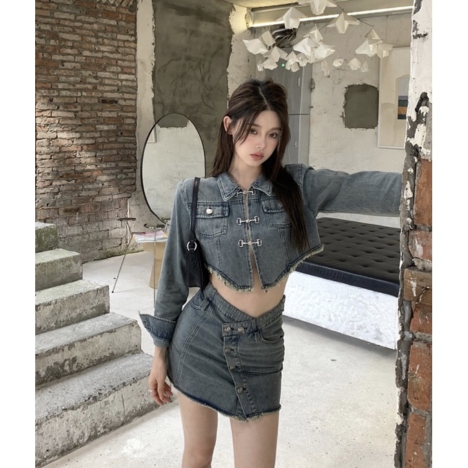 Áo khoác croptop + chân váy Jean Ulzzang