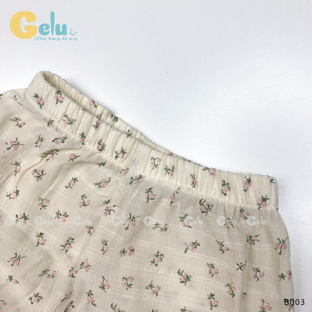 Bộ thu đông cho bé Gelu Kids, đồ ngủ mùa thu hoa nhí chất linen cổ viền ren cho bé gái-GLB003