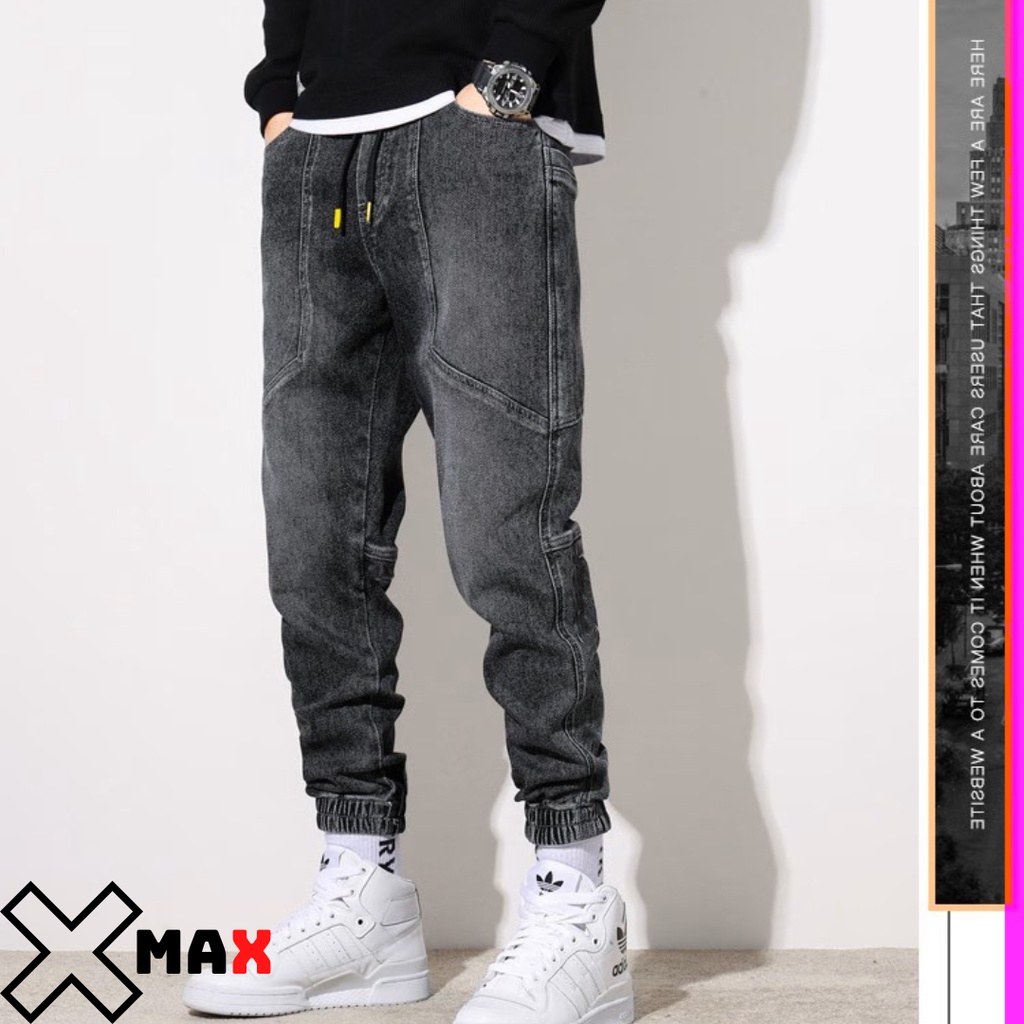 Quần jean nam dáng jogger co giãn 4 chiều bo gấu phá cách cực đẹp, Quần bò nam cạp chun Hottrend hàn quốc Xmax B052