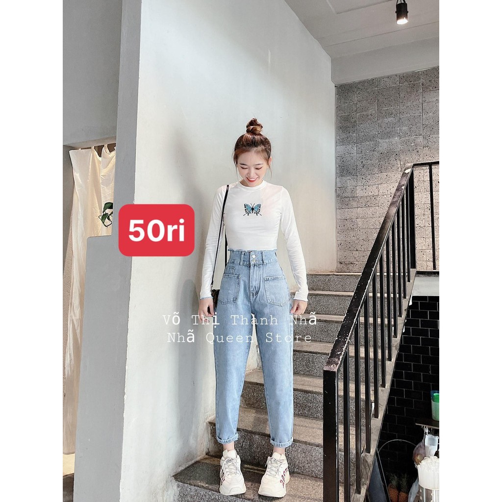 Quần Baggy Bò Nữ Lưng Cao Chất Jean Dày Dặn Kèm 2 Nút Màu Xanh Nhạt - 419