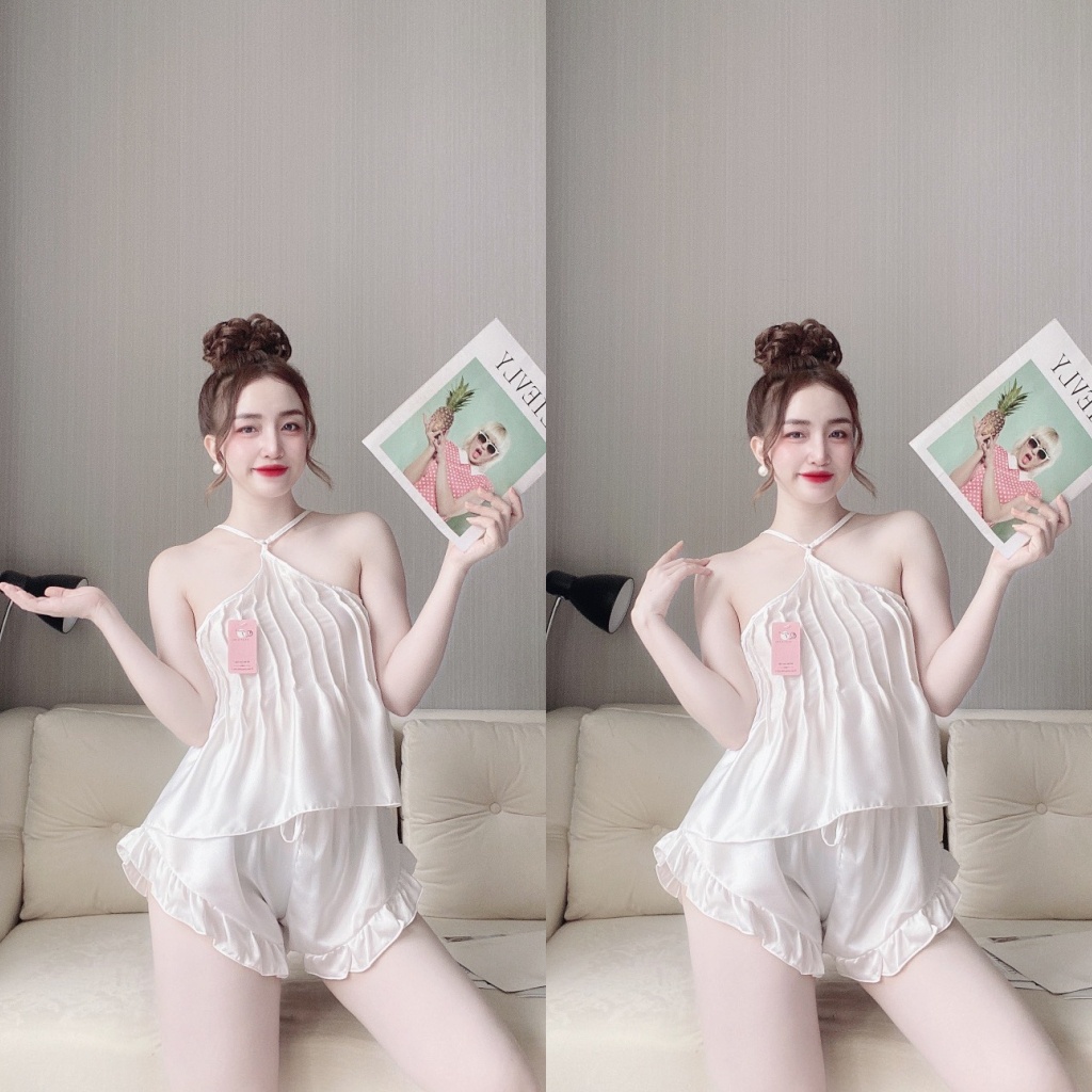 Đồ Ngủ Sexy, Đồ Ngủ 2 Dây Cổ Yếm Xếp Ly Lụa Satin Mặc Mát Mềm Thoải Mái Freesize - Linqustore