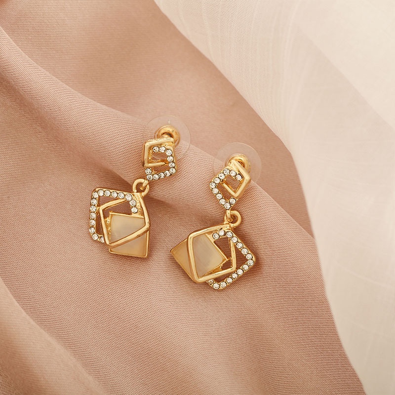 Bông tai nữ bạc s925 dáng thả hình vuông đính đá sang trọng thời trang Hàn Quốc Lémi accessories