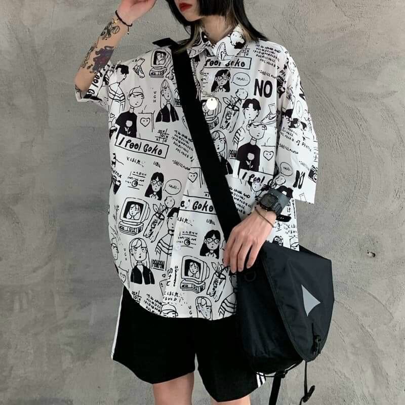 Áo sơ mi unisex chiffon tay ngắn in họa tiết hoạt hình thời trang