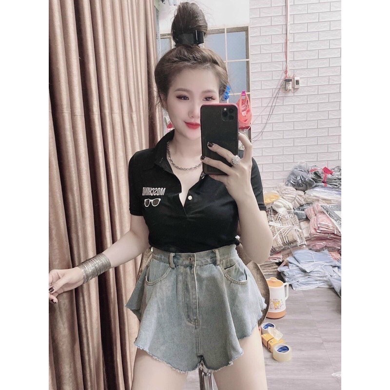 Áo thun body có cổ thêu chữ và kính kèm ảnh thật | BigBuy360 - bigbuy360.vn