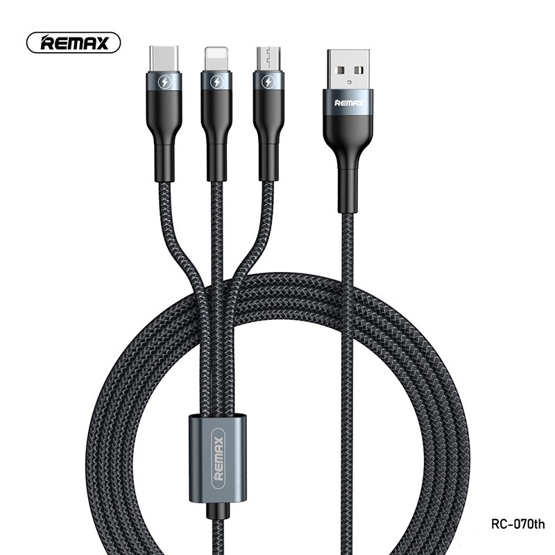 Cáp sạc 3 đầu đa năng Remax bọc dù,Cáp sạc 3 đầu Lightning, TypeC, Micro USB