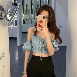 Áo jean bẹt vai cột dây ngực