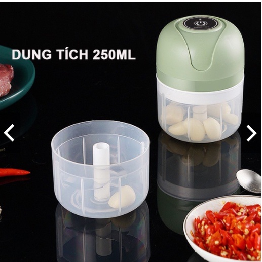 [Màu Trắng - Xanh] Máy Xay Thịt Cầm Tay Mini Sạc Điện 250ml – Máy Xay Tỏi Ớt, Củ Quả Đa Năng, Có Cổng Sạc Usb