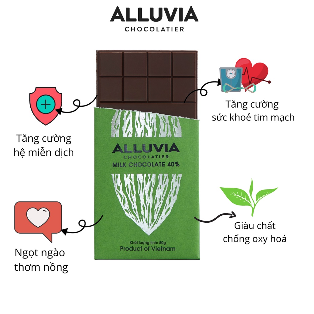 Socola nguyên chất sữa 40% cacao ngọt ngào Alluvia Chocolate thanh nhỏ 30g Milk chocolate 40% cocoa