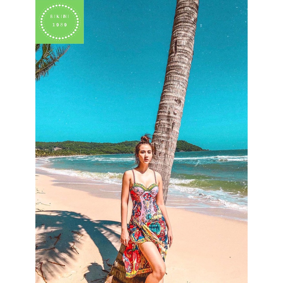 Bikini, Đồ bơi nữ áo tắm liền một mảnh kèm khăn choàng họa tiết thổ cẩm chất thun lạnh hàn quốc cho phụ nữ có đủ size