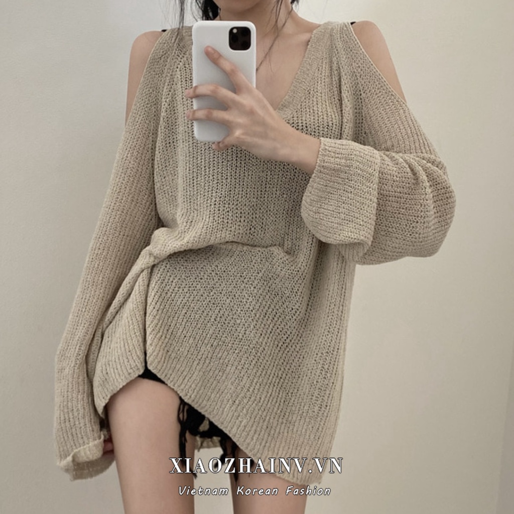 Áo sweater XIAOZHAINV dệt kim tay dài cổ chữ v chống nắng phong cách Hàn Quốc cho nữ 3 màu tùy chọn