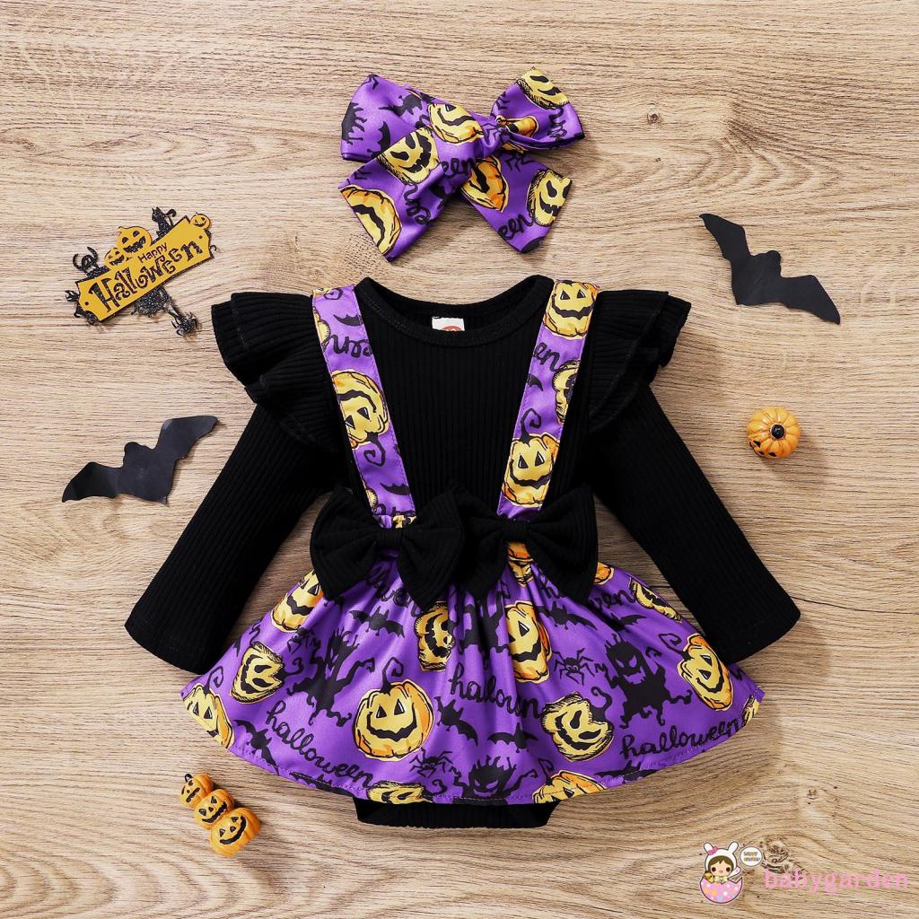 Bộ Áo Liền Quần Tay Dài Có Gân Và Băng Đô In Họa Tiết Bí Ngô Halloween Dành Cho Bé Gái 0-24 Tháng Tuổi