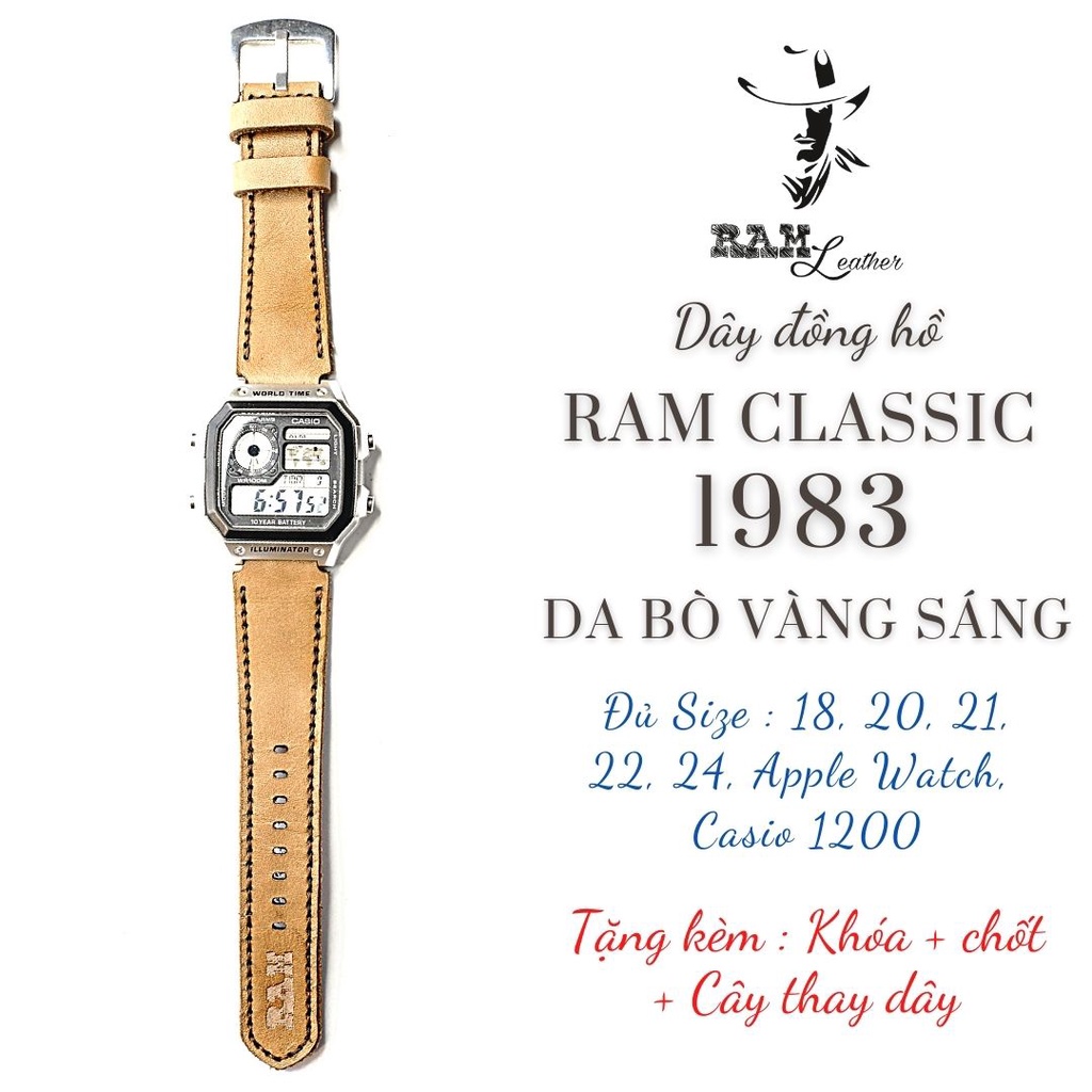 Dây đồng hồ RAM Leather 1983 cho CASIO 1200, AE 1200, 1300, 1100, A159 , A168 , Size 18 da bò thật nâu sáng