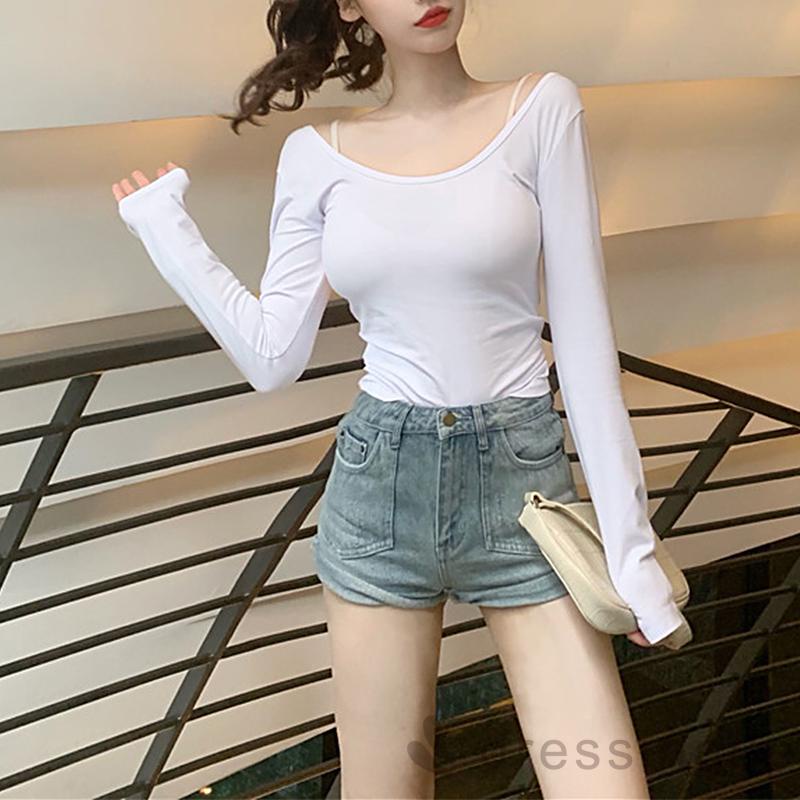 Áo Thun Tay Dài Cổ Xẻ Tà Màu Trơn / Trắng / Kaki Cho Nữ (Màu Đen)