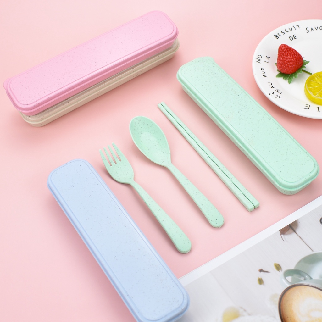 Bộ muỗng đũa nĩa lúa mạch văn phòng du lịch cá nhân dễ thương kèm hộp DOVOHA BDM01