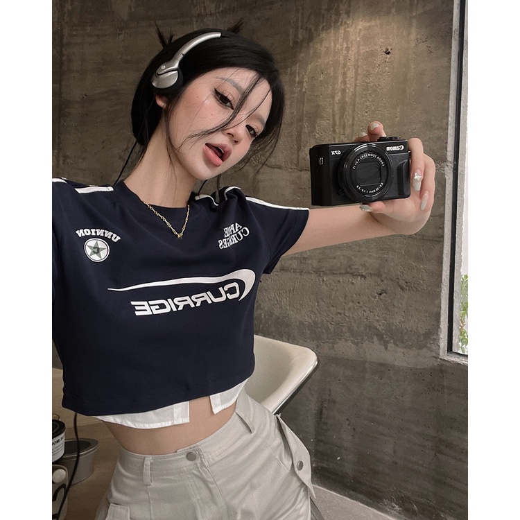 Áo Thun Ngắn Tay Giả Hai Lớp Phong Cách Retro Mỹ Thời Trang Mùa Hè Dành Cho Nữ