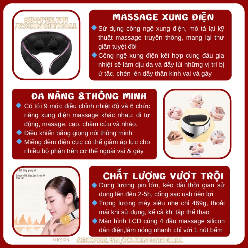 Máy massage cổ vai gáy thông minh KSKIN KD812. Massage nóng giúp máu lưu thông, 2 miếng đệm điện cực sử dụng toàn thân