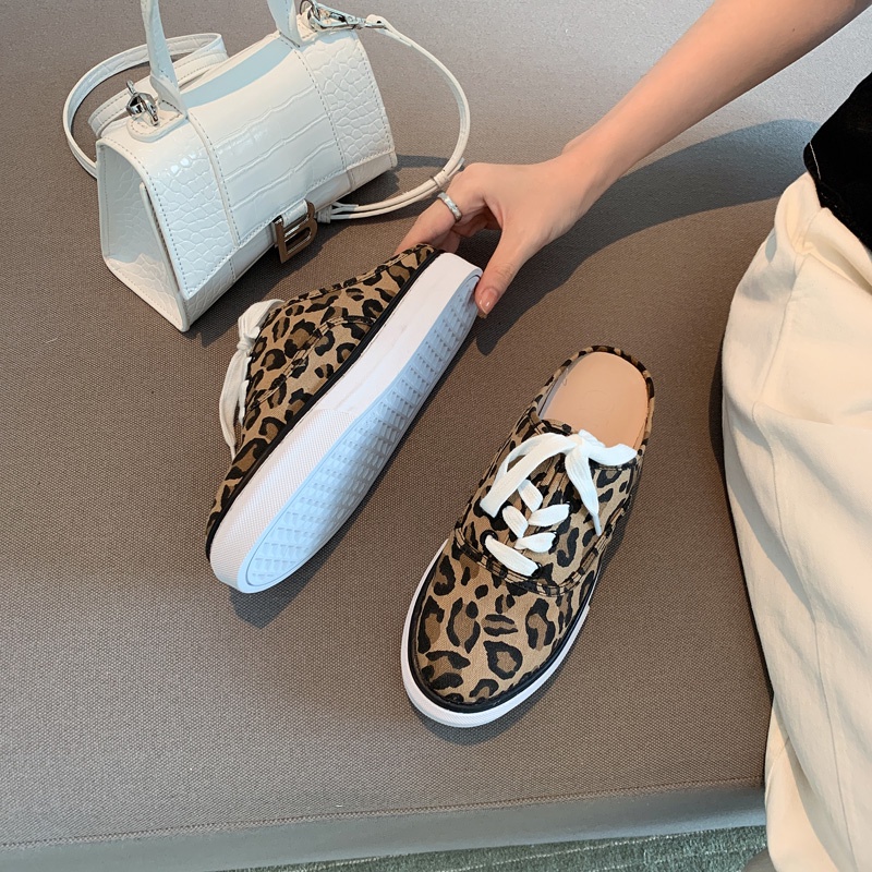 South Korea Women's Shoes2021New Canvas Shoes Spring and Autumn Leopard Print Canvas Toe Cap Semi Slipper Zebra Color Matching Flat Bottom Flat Heel Sandals