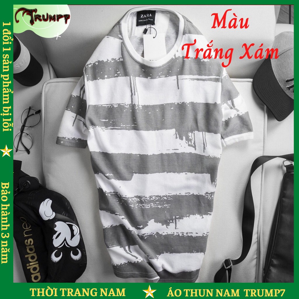 🌟XẢ KHO🌟 Áo Thun Nam Cổ Tròn Thun Cotton Co Dãn Phối Sọc Ngang Phong Cách - 4 Màu TRUMP7