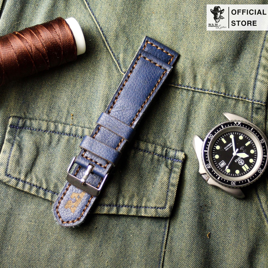 Dây Đồng Hồ Da Thật RAM Leather 1958 Da Bò Mill Xanh Navy Bền Đẹp
