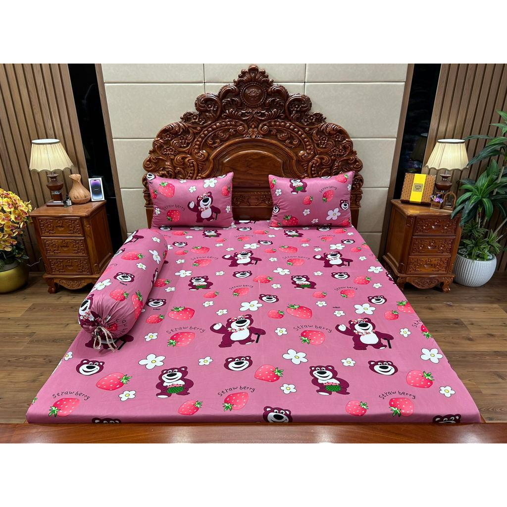 Bộ ga gối mẫu gấu hoa dâu-thun hàn quốc 3D Vạn Phát