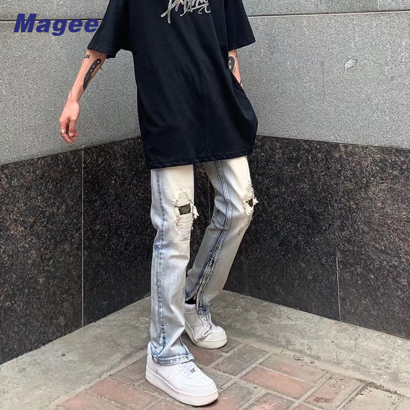 Quần jeans Dài Ống Đứng Màu Xanh Nhạt Phối Khóa Kéo Phong Cách Đường Phố Âu Mỹ Cao Cấp Cho Nam
