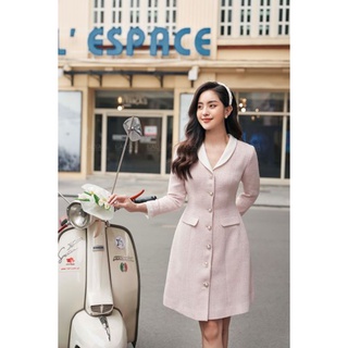 LALYA_Váy tweed hồng cổ sam