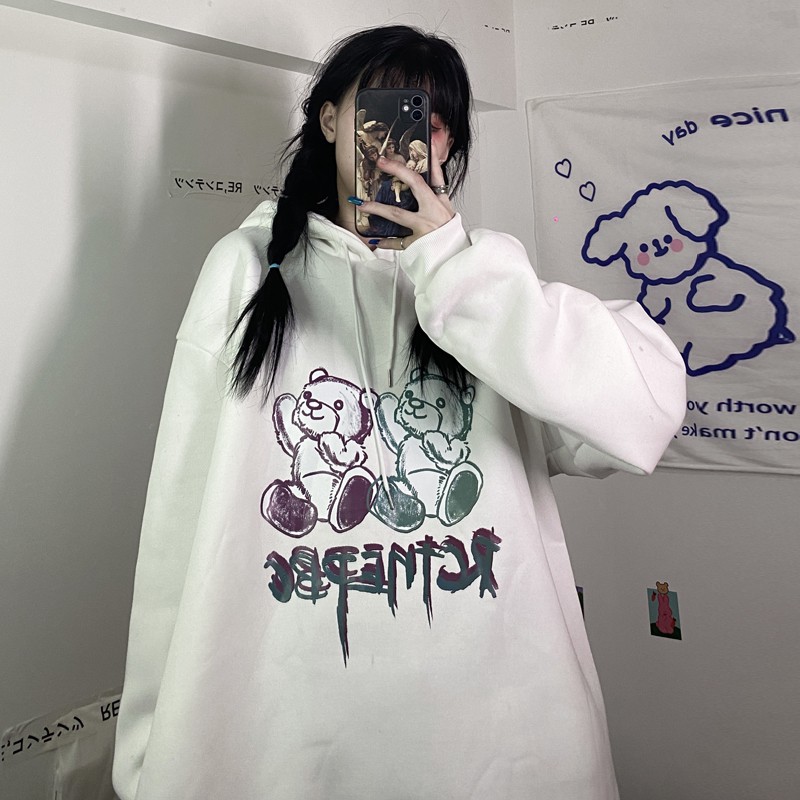 Áo hoodie nữ form rộng màu đen trắng chất nỉ bông đẹp dầy dặn