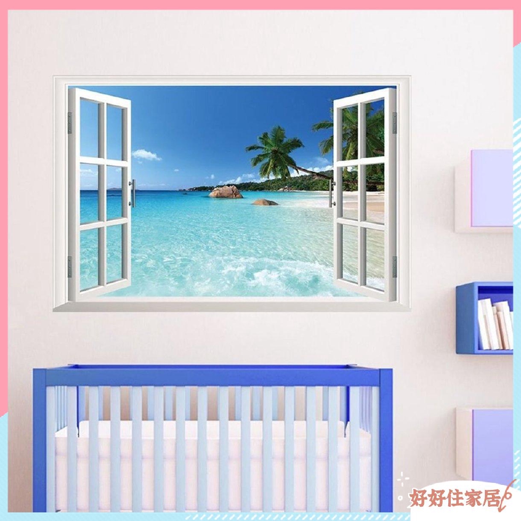 Miếng dán tường PVC hình phong cảnh biển ngoài cửa sổ 3d xinh xắn chất lượng