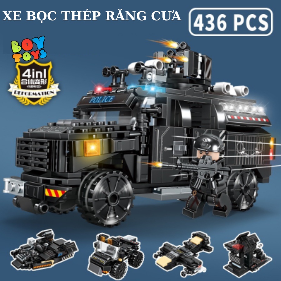 Hộp đồ chơi lego lắp ghép mô hình phương tiện chiến đấu xe bọc thép, tàu chiến, máy bay 4 trong 1
