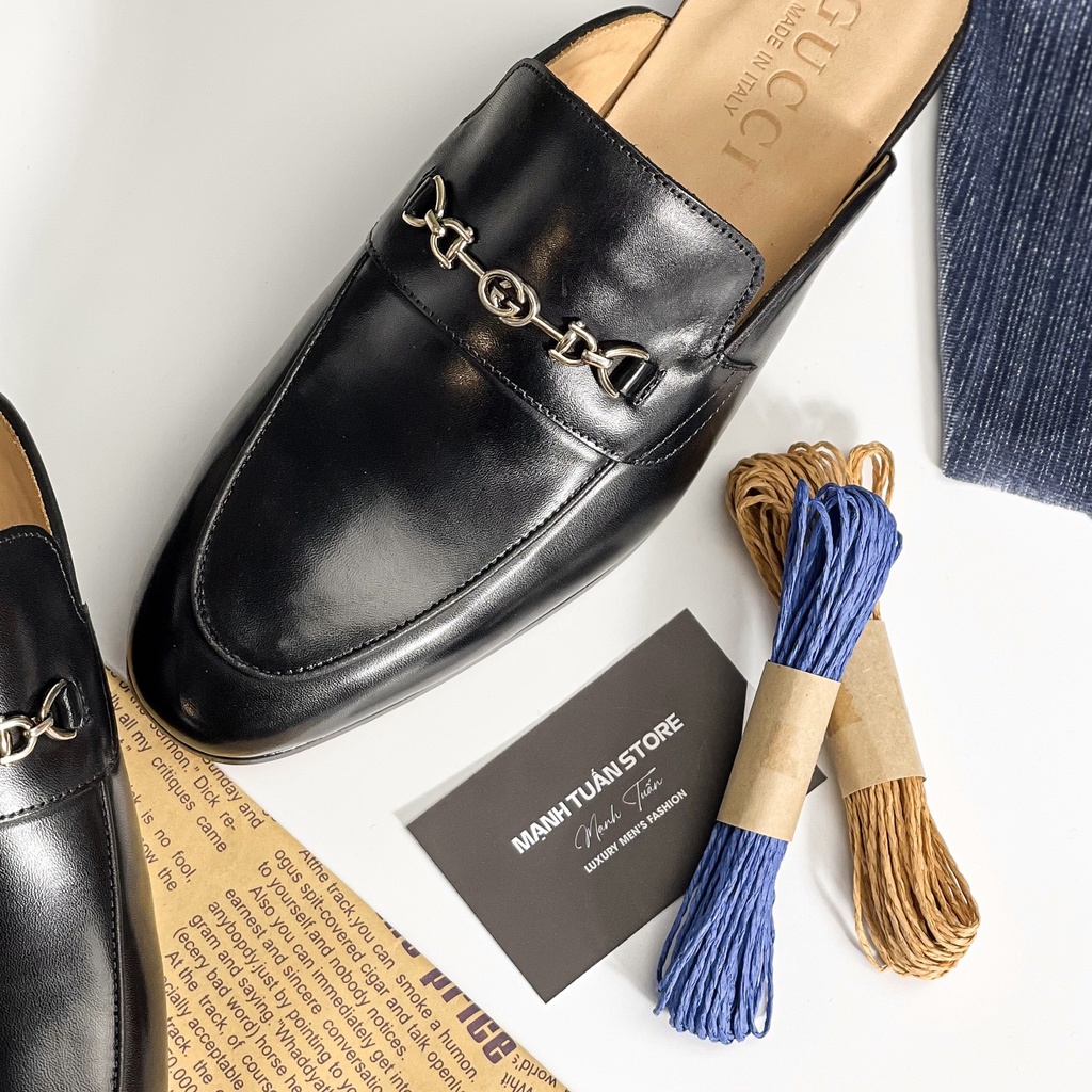 Sục nam cao cấp - Giày mules Gucci nam Da bò nguyên miếng, đế gỗ sồi cùng quai kim loại cực kì sang trọng SN09