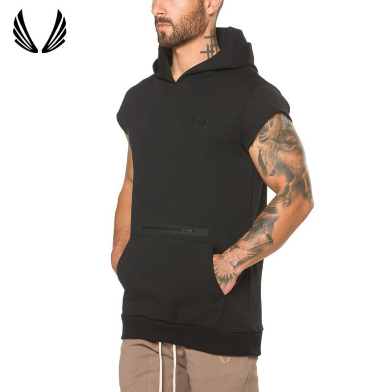 Áo hoodie thể thao chất liệu cotton tay ngắn thêu logo thời trang cho nam