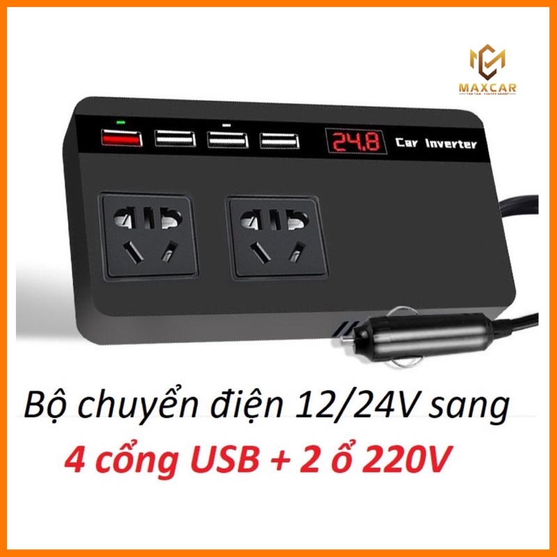 Bộ chuyển điện 12v 24v thành 4 USB và 2 ổ cắm 220v 150w hỗ trợ sạc USB nhanh 3.0 tiện dụng xe hơi