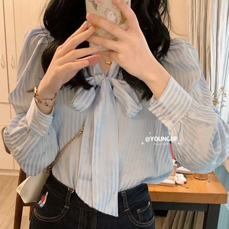 Áo Sơ Mi Kẻ Sọc Đính Nơ Xinh Xắn Cho Nữ