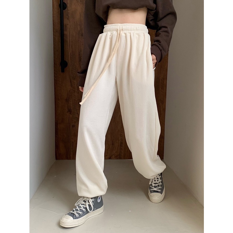 Quần joggers, quần cotton ống rộng cạp cao, quần nỉ cho nữ dây rút phong cách_B9