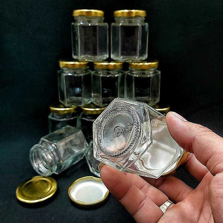 Hũ thủy tinh nhỏ 80ml (combo 20 hủ) mẫu lục giác nắp thiếc vàng vặn – Lọ đựng mật ong, yến chưng, thực phẩm