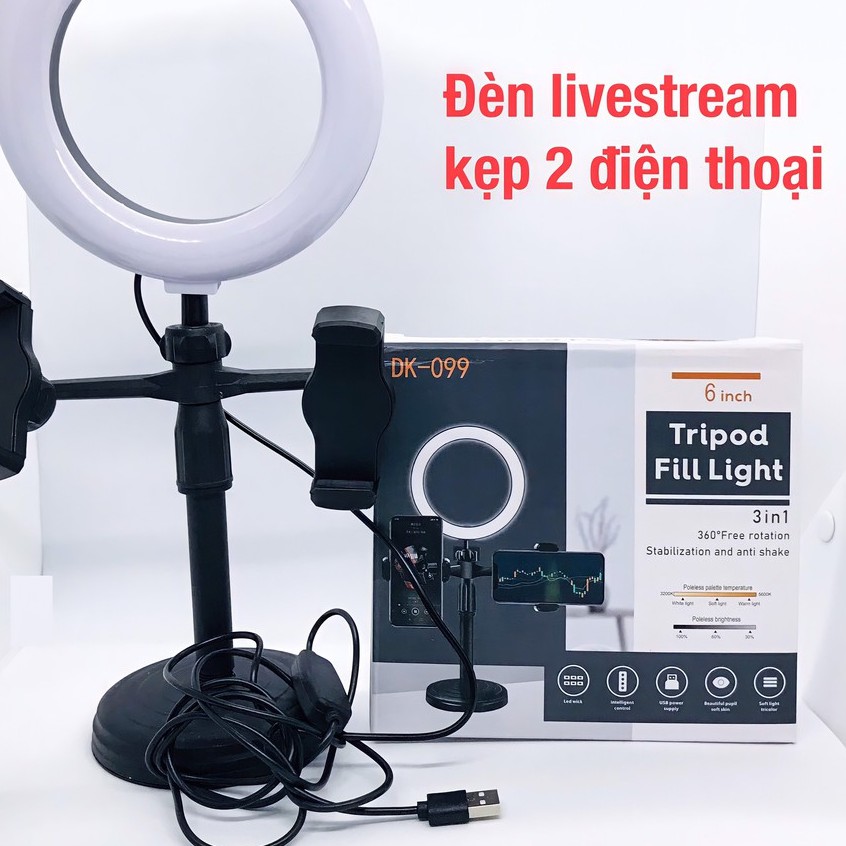 Giá Đỡ 2 Điện Thoại kèm Đèn livestream để bàn cao 16 cm hỗ trợ quay tiktok, bán hàng, make up, chụp hình 099 DK 099