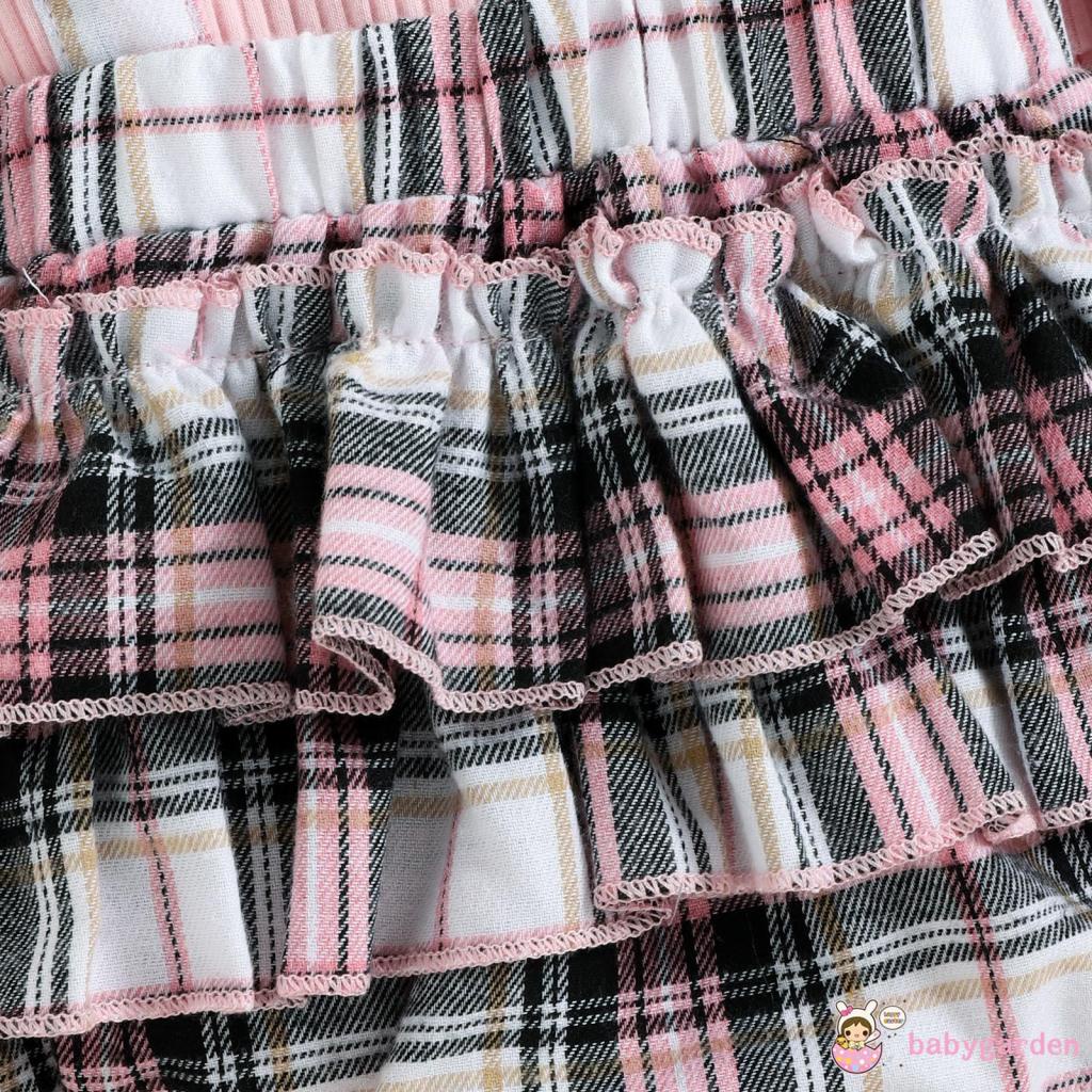 Bộ Áo Liền Quần Tay Dài Phối Bèo Kẻ Sọc Caro Đính Nơ + Băng Đô Cài Tóc Xinh Xắn Cho Bé Gái 0-18 Tháng Tuổi