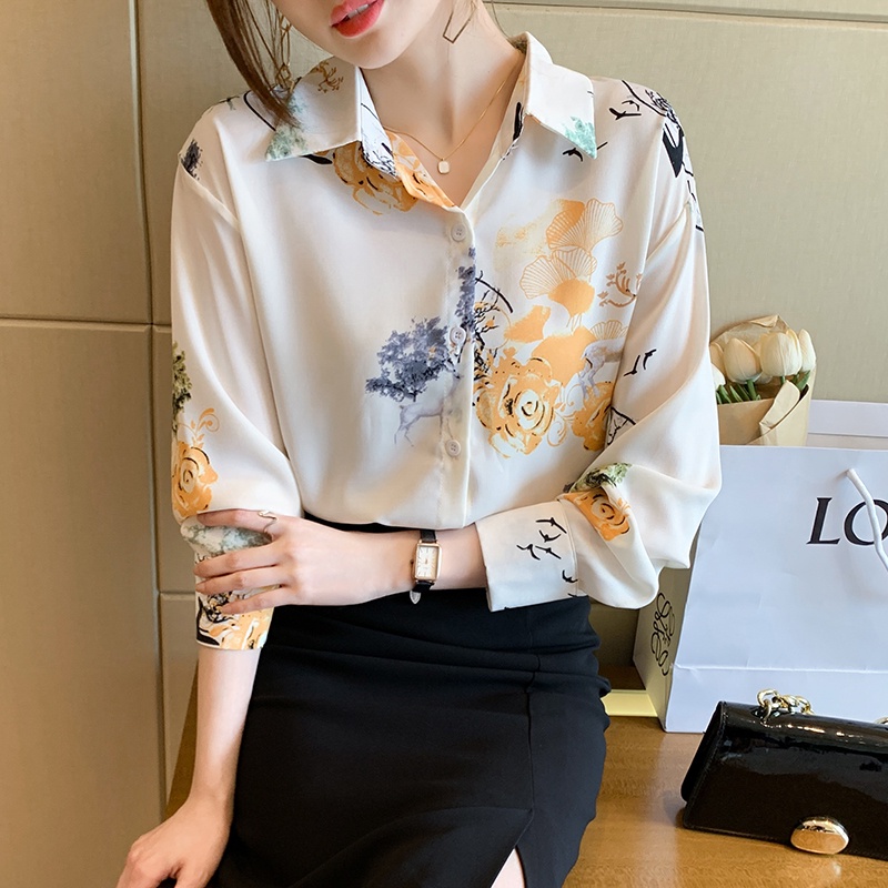 Áo Sơ Mi Chiffon Tay Dài In Họa Tiết Hoa Dễ Thương Phong Cách Hàn Quốc Thời Trang Cho Nữ