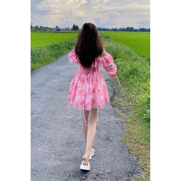 Đầm hoa hai dây rớt vai cao cấp PLD23