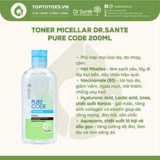 Toner micellar làm sạch, dưỡng ẩm Dr.Sante Pure Cоde dành cho da nhạy cảm - 200ml [NHẬP KHẨU CHÍNH HÃNG 100%]
