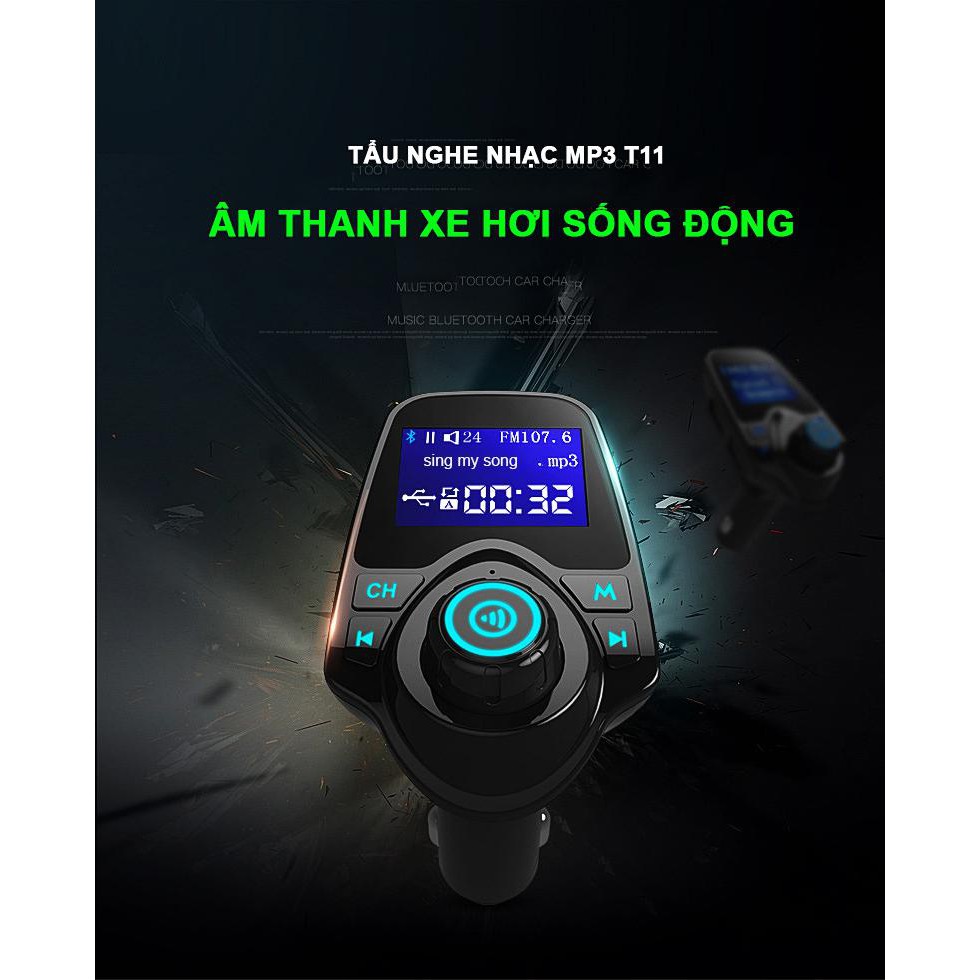 Tẩu sạc ô tô , Tẩu Nghe Nhạc Mp3 Bluetooth T11 Cho Xe Hơi Màn Hình led 1.4inch đa phương tiện -2 cổng usb 2.1a - TF