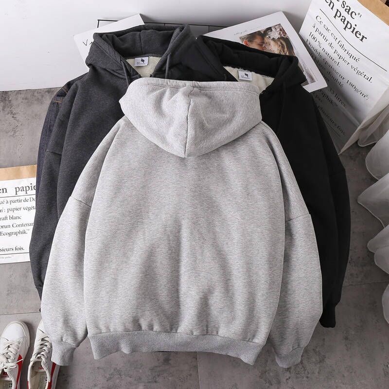 Áo Khoác Hoodie Nhung Dày Dặn Màu Trơn Dáng Rộng Thoải Mái Thời Trang Mùa Đông Cho Nam Giới Size S-5Xl